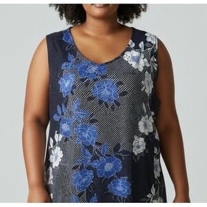 Catherines Womens 1X Blue Floral Stripe Dot Sleeveless V Neck Tank Top Shirt
